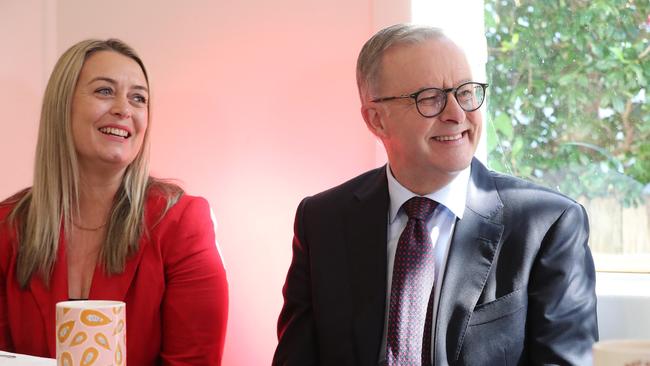 Anthony Albanese and partner Jodie Haydon in East Gosford, north of Sydney, in the NSW seat of Robertson on Tuesday. Picture: Liam Kidston