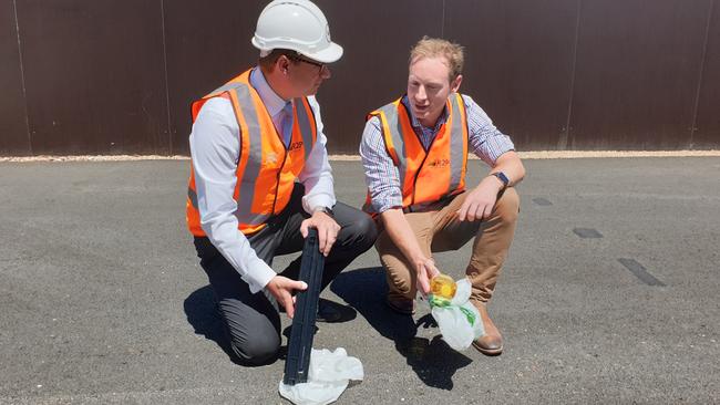 Transport Minister Stephan Knoll and Environment Minister David Speirs at the construction office car park made entirely of recycled materials.