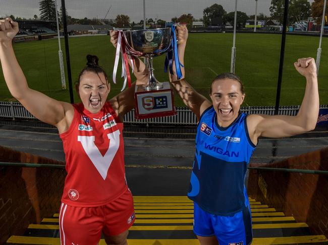 North Adelaide co-captain Kristi Harvey and Sturt captain Maya Rigter at Coopers Stadium ahead of Sunday's SANFLW grand final.  Picture: Roy Van Der Vegt / SANFL