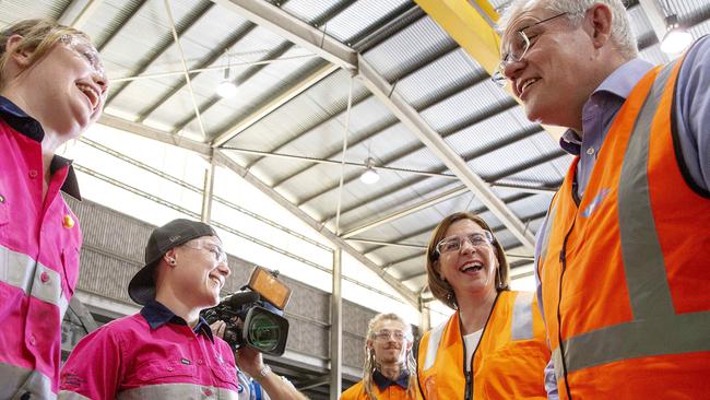 Prime Minister Scott Morrison and Queensland LNP opposition leader Deb Frecklington visit Neumann Steel on the Gold Coast late last year. Picture: NCA NewsWire/Sarah Marshall