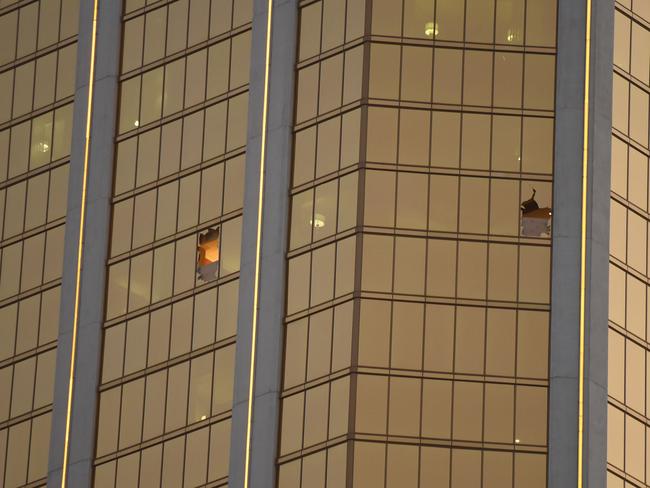 Paddock smashed two windows in his hotel suite which enabled him to fire on the crowd below. Picture: Robyn Beck/AFP