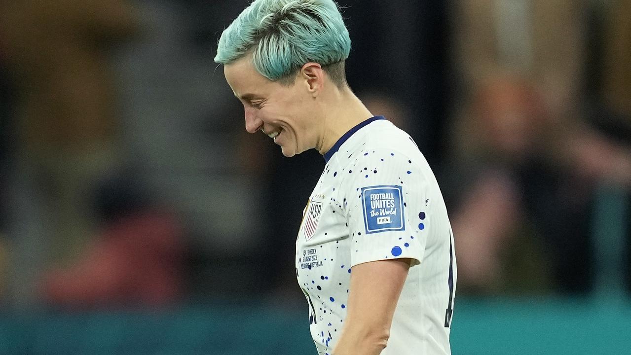 Megan Rapinoe smiles wryly after missing her penalty kick. Picture: Robin Alam/USSF/Getty Images