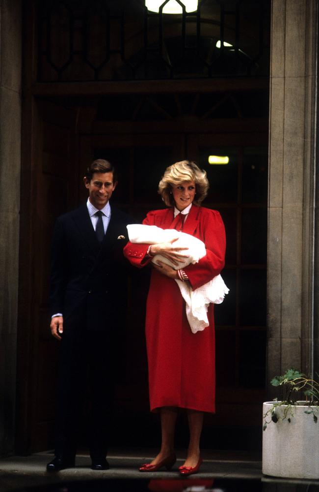 Princess Diana holding Prince Harry outside of the Lindo Wing of St Mary’s hospital. Picture: Getty