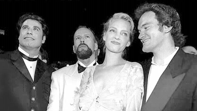 John Travolta, Bruce Willis, Uma Thurman and Quentin Tarantino at Cannes film festival in 1994.