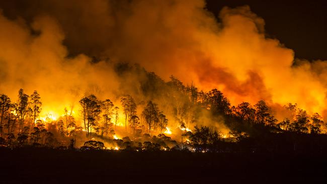 Firefighters conduct a controlled burn along a ridge line at Miena in the Central Highlands last yesterday. Picture: HEATH HOLDEN