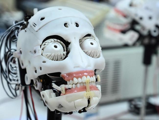 This photo taken on May 10, 2023 shows a robot being assembled at Hanson Robotics, a robotics and artificial intelligence company which creates human-like robots, in Hong Kong. (Photo by Peter PARKS / AFP)