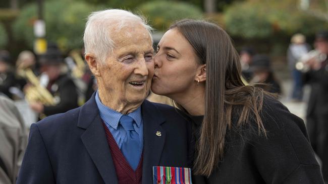 Crows player Ebony Marinoff with her grandad Laurie Gillespie, 98. Picture: NCA NewsWire / Naomi Jellicoe