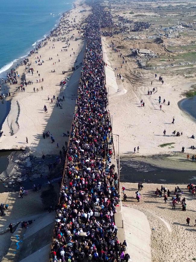 Displaced Gazans walk toward Gaza City on January 27, 2025, after crossing the Netzarim corridor from the southern Gaza Strip. Picture: AFP