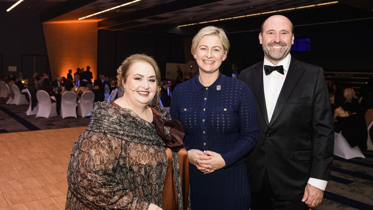 Disability Services Minister Amanda Camm (centre) with event MC Kim Stokes and Anthony Oostenbroek at the Business disAbility Awards of Australia at Edmund Rice Cultural Centre, Saturday, May 17, 2025. Picture: Kevin Farmer