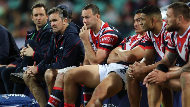 Boyd Corder watches from the bench as the Roosters take apart Souths.