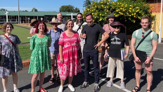 Volunteers with Kath Angus, Greens candidate for Coorparoo Ward and Max Chandler-Mather, Greens MP for Griffith, door knocking as part of their campaign to stop pokies at the former Greenslopes Bowls Club. Picture: Greens Party