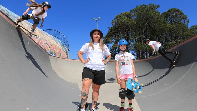 Warming up for their Buskers By The Creek performances are members of Girls Skate Gold Coast from left, Maddie Pease, founder Emily Kafoa, Isabelle Macpherson and Maddeline Macpherson. Photo: SCOTT POWICK