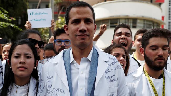 Venezuelan opposition leader and self-proclaimed interim president Juan Guaido takes part in a protest against Venezuelan President Nicolas Maduro's government on Wednesday. Picture: Reuters