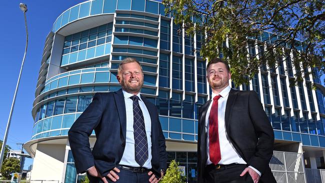 Elders Commercial’s Robert Koster and Ben Hackett in front the of Greek Orthodox Community of St George’s developed office building in West End that will be fully occupied by the Queensland Aboriginal and Islander Health Council.