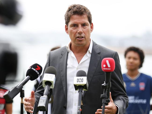 SYDNEY, AUSTRALIA - JANUARY 11:  A-League Commissioner Nick Garcia speaks to the media during an A-League media opportunity ahead of Unite Round, at Hickson Road Reserve on January 11, 2024 in Sydney, Australia. (Photo by Matt King/Getty Images for APL)