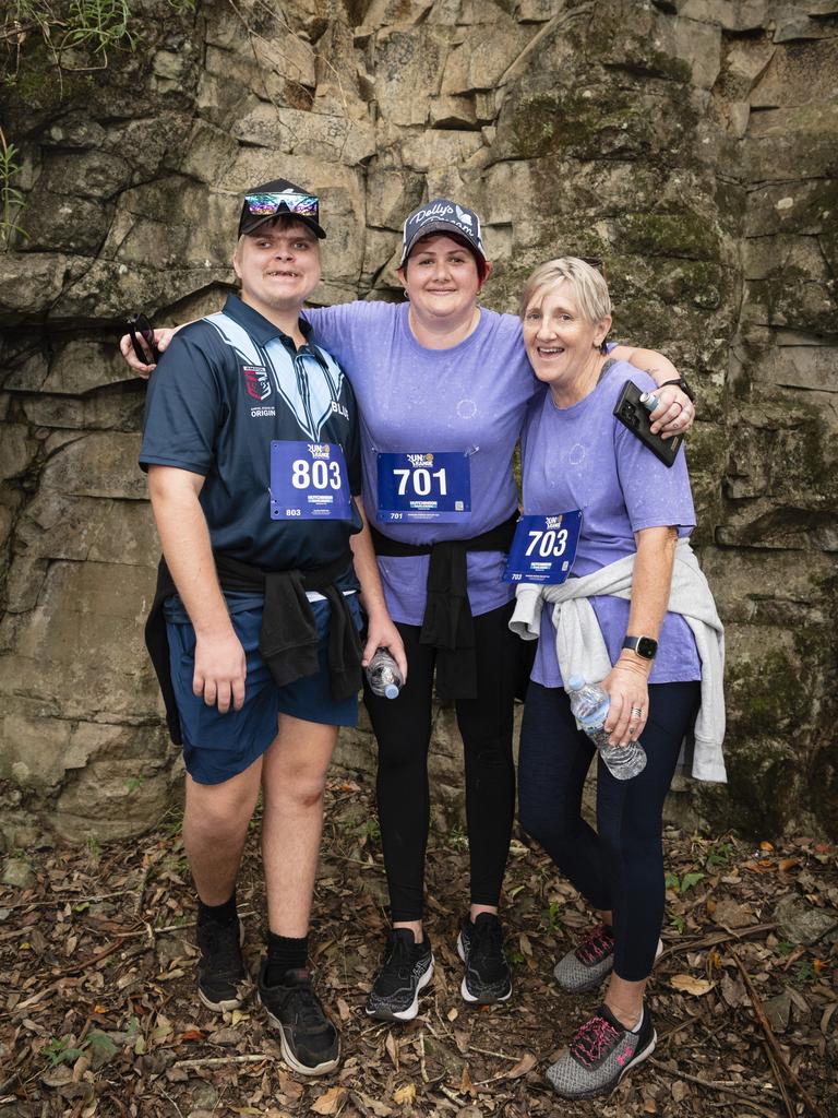 On the trail are (from left) Bradley Hindmarsh, Zoey Harper and Teena Lees at Run the Range Milne Bay Challenge hosted by Toowoomba Metropolitan Rotary Club, Sunday, May 7, 2023. Picture: Kevin Farmer