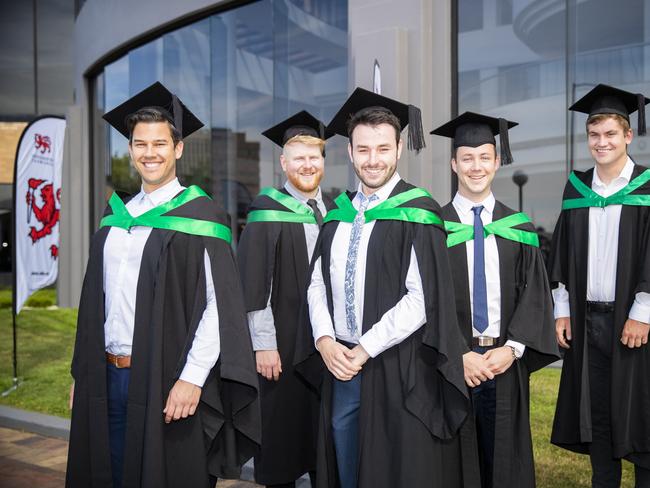 Caleb Cooper, Edward Palmer, Jacob Riley, William Doyle and Logan Veldhuis. University of Tasmania Hobart Graduations 2019, Wednesday morning. Picture: RICHARD JUPE