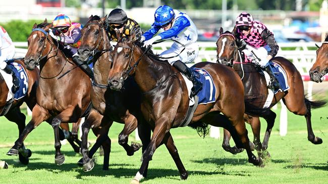 Golden Boom (blue and white colours) wins the Bribie Handicap at Eagle Farm Picture: Grant Peters/Trackside Photography