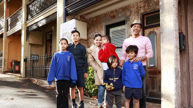 Hitomi and Manuel Ramnac, with their five kids, are among the only house sellers in Pyrmont, one of Sydney’s most coveted suburbs. Picture: Tim Hunter.