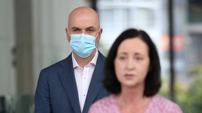 Chief health officer John Gerrard and Health Minister Yvette D'Ath have unveiled another leap in daily Covid cases. Picture: Zak Simmonds