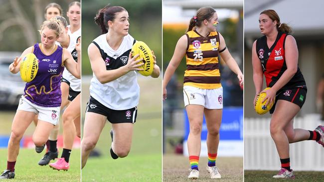 Some of the QAFLW’s leading performers for 2023 include Ava Seton (UQ), Madeleine Watt (Southport), Jessica Stallard (Aspley) and Georgia Carmody (Yeronga South). Pictures: Highflyer Images.