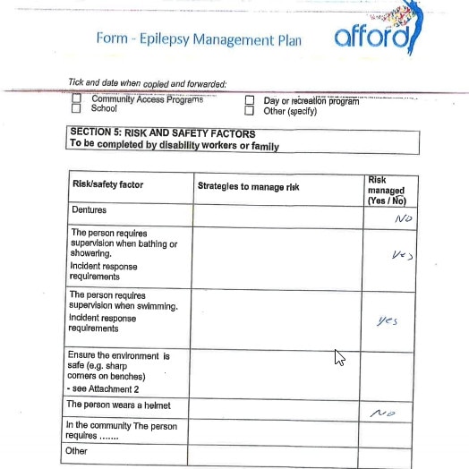 An epilepsy care plan released by Merna Aprem's mother, Tanya Petrus, that she says was filled out and given to the care home before her daughter's death.