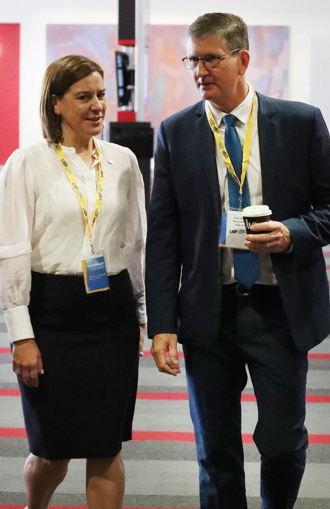 Deb Frecklington with Lawrence Springborg at the LNP State Council in Brisbane. Picture: Liam Kidston