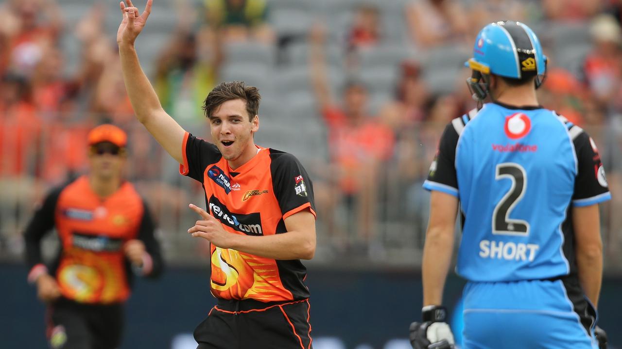 Scorchers speedster Jhye Richardson celebrates after capturing the wicket of Striker Matt Short in the one-sided BBL clash at Perth Stadium. Picture: Getty Images