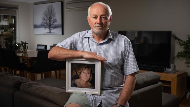 Ian Aranyosi with a photo of his wife Heather who died after a head-on collision in 2019 on Hamilton Highway. Mr Aranyosi said a more recent fatality at Stonehaven, on the same main road, brought back a lot of painful memories so he is calling for change. Picture: Brad Fleet