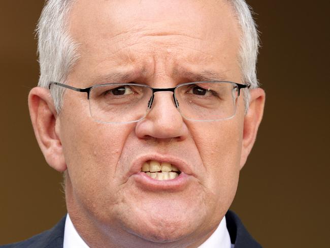 FEDERAL ELECTION TEAM 2022. Prime Minister Scott Morrison holds a press conference in the Prime Minister's courtyard at Parliament House, Canberra on Sunday April 10th after announcing the next federal election will be held on May 21st. Picture: Toby Zerna