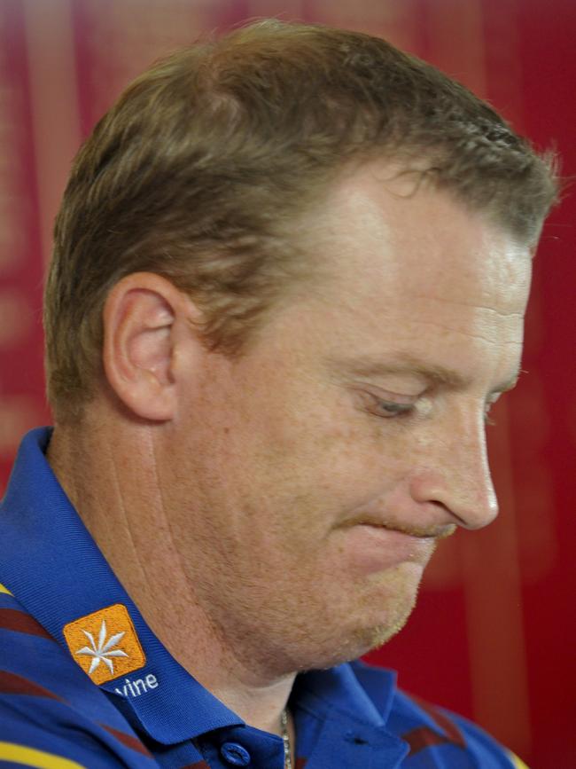 Michael Voss at a media conference to discuss Fevola’s sacking. (AAP Image/John Pryke)