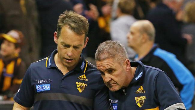 AFL Round 21 - Hawthorn v Port Adelaide at Etihad Stadium , Coach Alastair Clarkson has  a quiet word with Chris Fagan after the match. Melbourne.  21st August 2015. Picture: Colleen Petch.