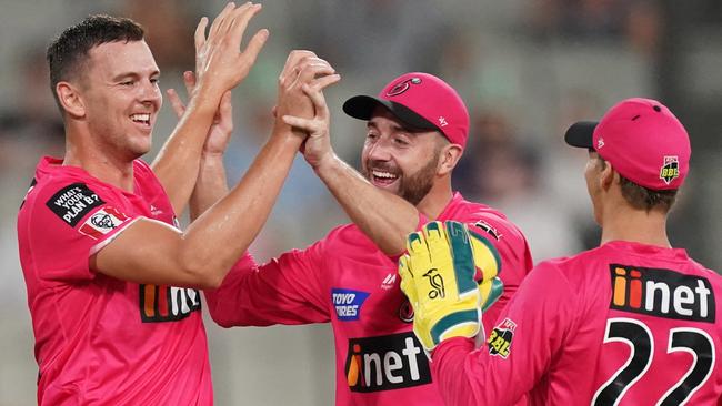 Josh Hazlewood celebrates a wicket with Sixers teammates James Vince and Josh Philippe.