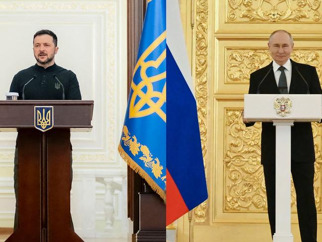 (COMBO) This combination of files pictures created on may 12, 2025 shows (L) a handout photograph taken and released by the Ukrainian Presidential Press Service on March 25, 2025, showing Ukraine's President Volodymyr Zelensky addressing Security Service officers during a ceremony marking the 33rd anniversary of the Security Service of Ukraine in Kyiv and (R) a pool photograph distributed by the Russian state agency Sputnik, Russia's President Vladimir Putin giving a speech during a state awards ceremony for Russian Paralympians, medallists from the Paris 2024 Paralympic Games at the Kremlin in Moscow on December 16, 2024. Following the visit of the leaders of France, Germany, Poland and the UK to Kyiv, where they called for Russia to agree to an unconditional 30-day ceasefire to allow for peace talks -- a proposal they said was backed by the US, Russian President Vladimir Putin May 11, 2025 proposed direct negotiations with Ukraine in Istanbul on May 15, but did not respond to the European call for a 30-day ceasefire. Ukrainian President Volodymyr Zelensky said he would be prepared to meet Putin in Turkey, but did not say whether he would still attend if Russia refused the European proposal. (Photo by KRISTINA KORMILITSYNA and Handout / various sources / AFP) / XGTY / RESTRICTED TO EDITORIAL USE - MANDATORY CREDIT 