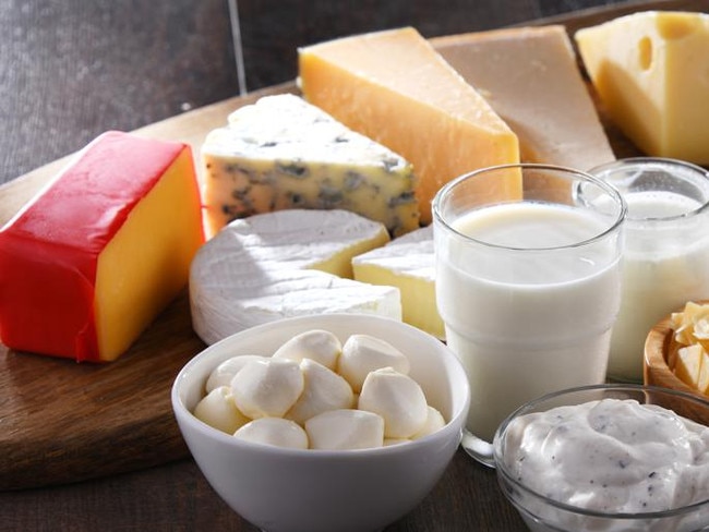 A variety of dairy products including cheese, milk and yogurt.