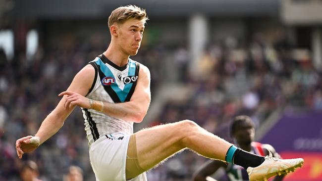 PERTH, AUSTRALIA – AUGUST 20: Todd Marshall of the Power kicks on goal during the 2023 AFL Round 23 match between the Fremantle Dockers and the Port Adelaide Power at Optus Stadium on August 20, 2023 in Perth, Australia. (Photo by Daniel Carson/AFL Photos via Getty Images)