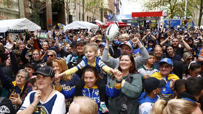 Crowds at the 2022 NRL Fan Fest at Martin Place in Sydney ahead of this weekend’s NRL Grand Final. Picture: Richard Dobson