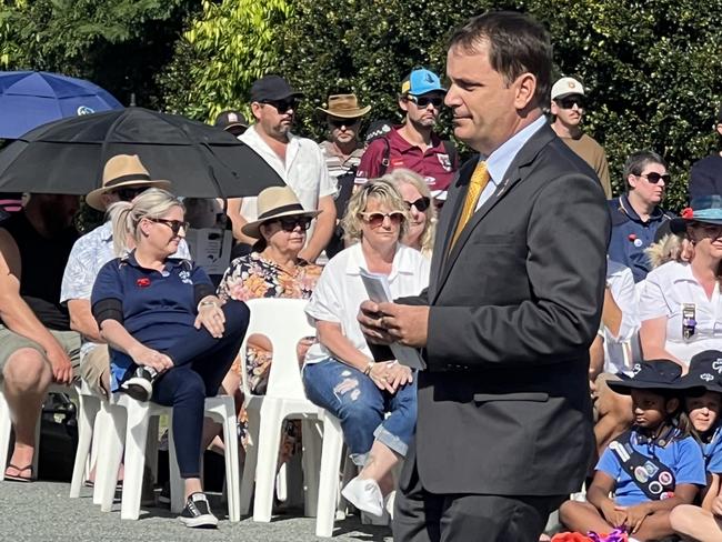 Theodore MP Mark Boothman at the midmorning service at the Upper Coomera cenotaph on Anzac Day in April. Picture: Keith Woods.