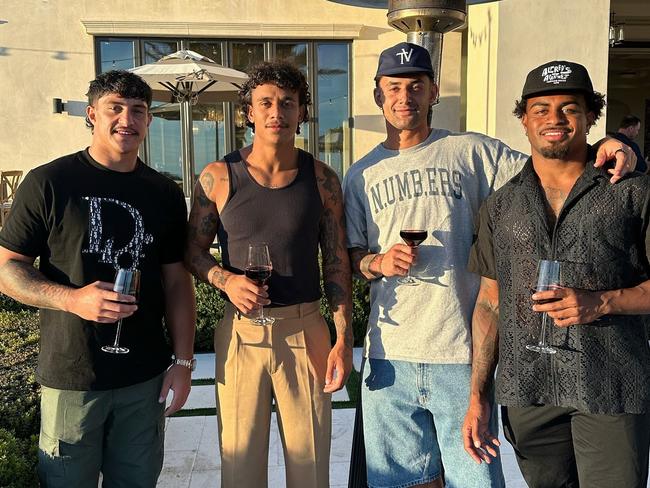 Broncos players (L-R) Kotoni Staggs, Tristan Sailor, Jesse Arthars and Ezra Mam pictured together while in America. Source: Instagram