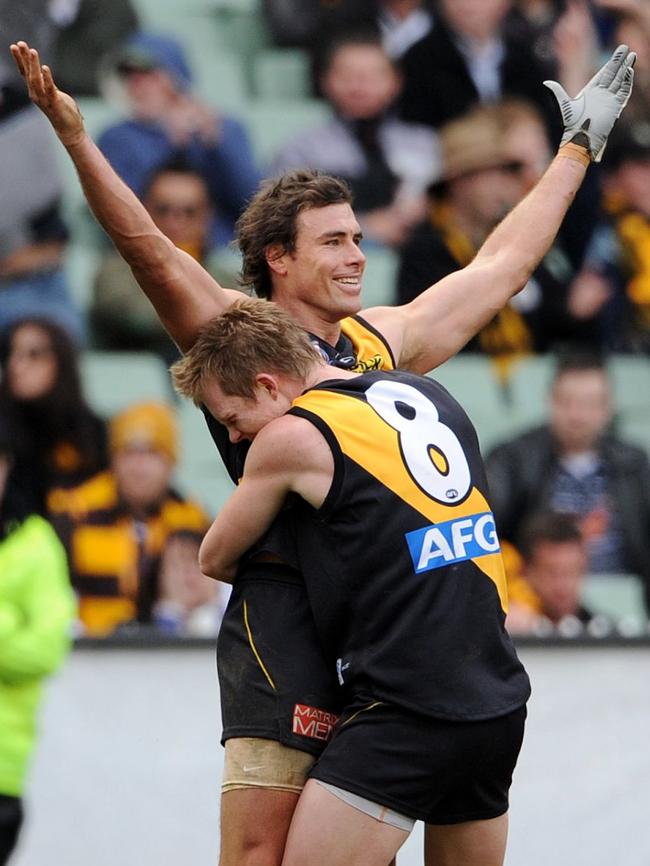 A young Jack Riewoldt celebrates with Matthew Richardson in 2008.