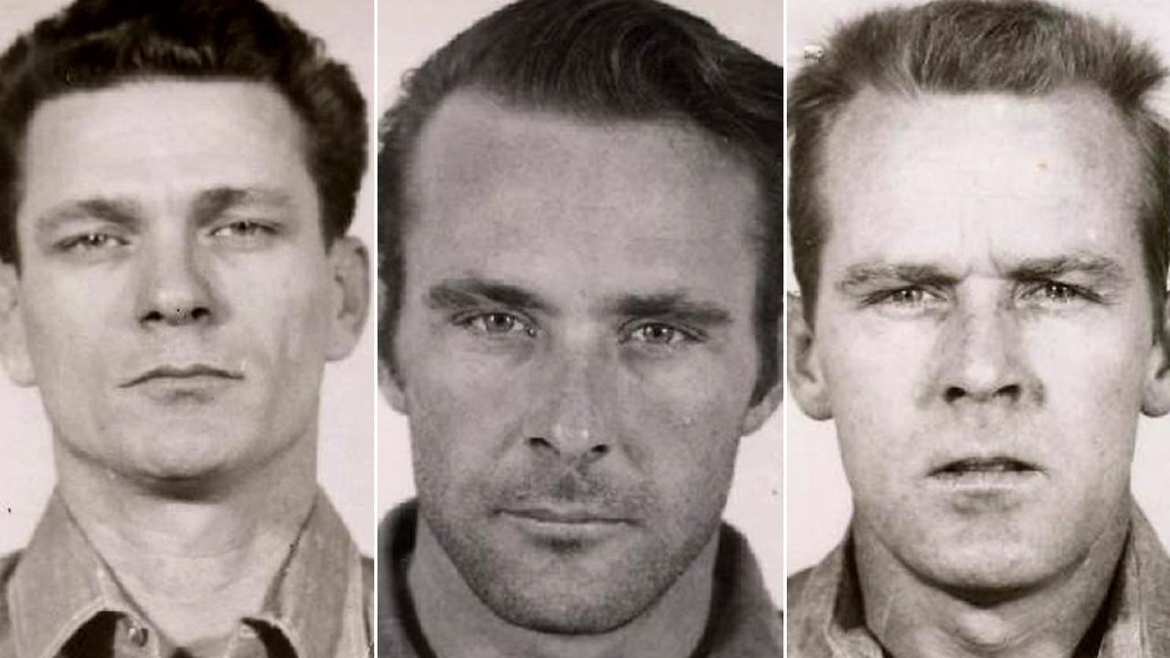 The prison mug shots of convicts Frank Lee Morris (left), Clarence Anglin (middle) and John Anglin (right).