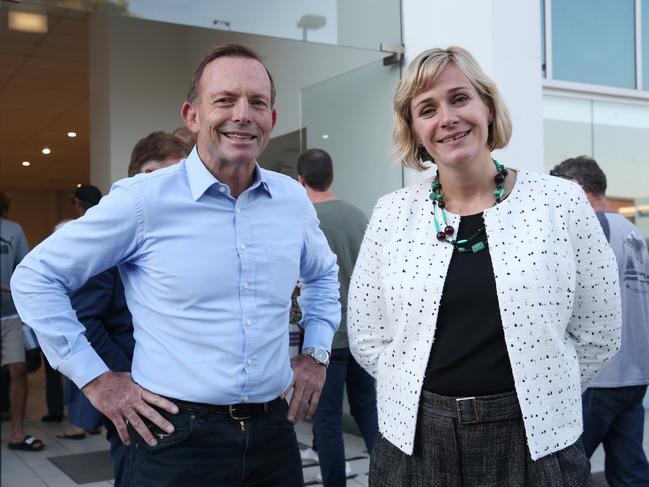 Former Warringah MP Tony Abbott and then-challenger Zali Steggall during the last election campaign. Picture: David Swift.