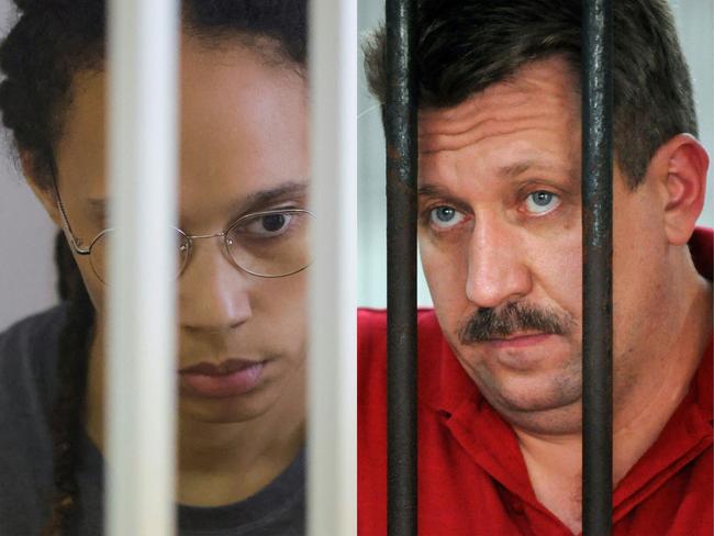 (COMBO) This combination of files pictures created on December 8, 2022 shows US' Women's National Basketball Association (WNBA) basketball player Brittney Griner waiting for the verdict inside a defendants' cage during a hearing in Khimki outside Moscow, on August 4, 2022 and Russian arms dealer Viktor Bout waiting at a detention center of criminal court in Bangkok, on March 8, 2008. - Moscow confirmed on December 8, 2022 it had exchanged US basketball star Brittney Griner, who had been jailed in Russia, for notorious arms trafficker Victor Bout who was serving a 25-year sentence in the United States. (Photo by EVGENIA NOVOZHENINA and Saeed KHAN / various sources / AFP)