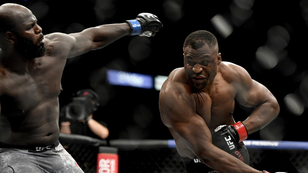 Francis Ngannou of Cameroon misses a punch against Jair Rozenstruik of Suriname