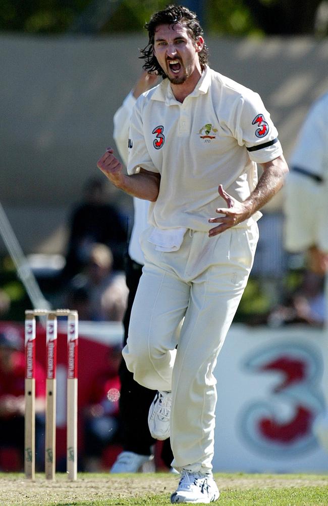 Jason Gillespie celebrates a wicket against Bangladesh.