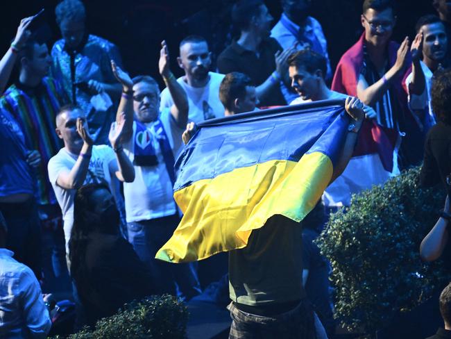 Members of the Kalush Orchestra celebrate their qualification during the first semi-final. Picture: AFP