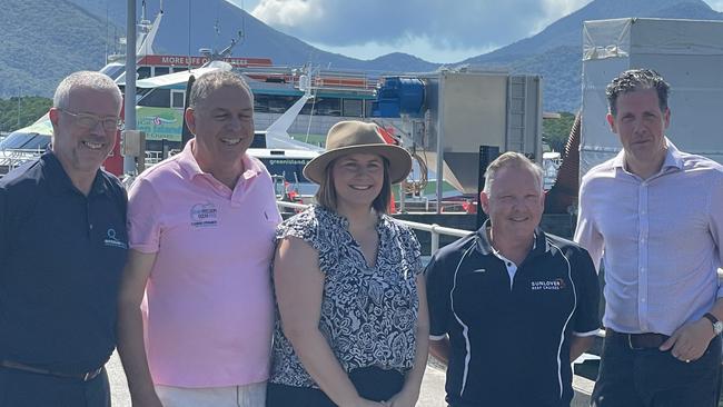 Doug Baird from Quicksilver cruises, Perry Jones of Ocean Freedom, Senator Nita Green, Brian Hennessy from Sunlover reef cruises, and TTNQ CEO Mark Olsen attended the announcement of the $15m tourism boost. Photo: Dylan Nicholson