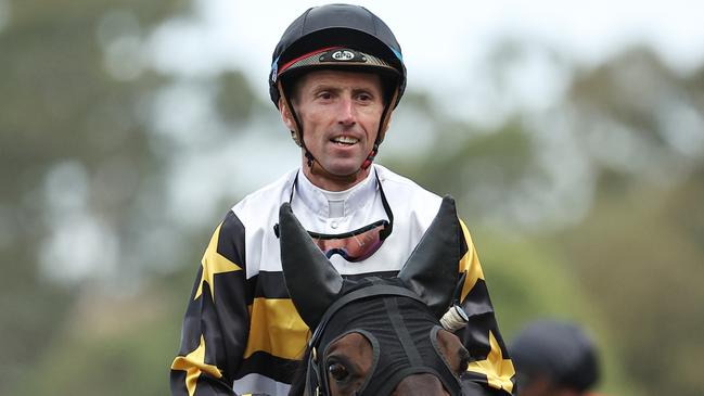 SYDNEY, AUSTRALIA - OCTOBER 12: Nash Rawiller riding Here To Shock wins Race 8 Alan Brown Stakes during Sydney Racing at Rosehill Gardens on October 12, 2024 in Sydney, Australia. (Photo by Jeremy Ng/Getty Images)