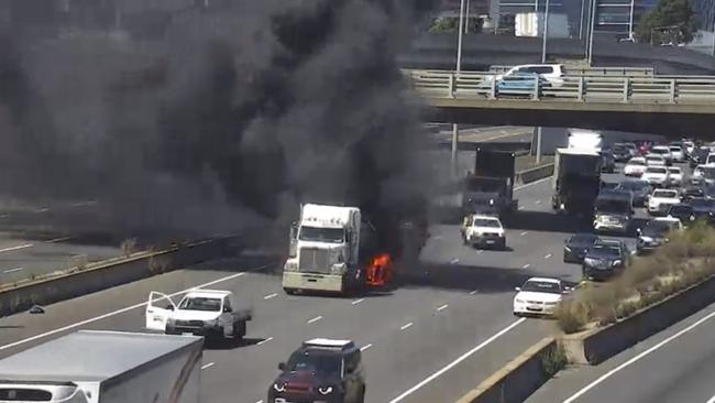 All outbound lanes ofÂ West Gate Fwy are blocked near the Bolte Bridge after a truck went up in flames about 3.45pm on Friday.