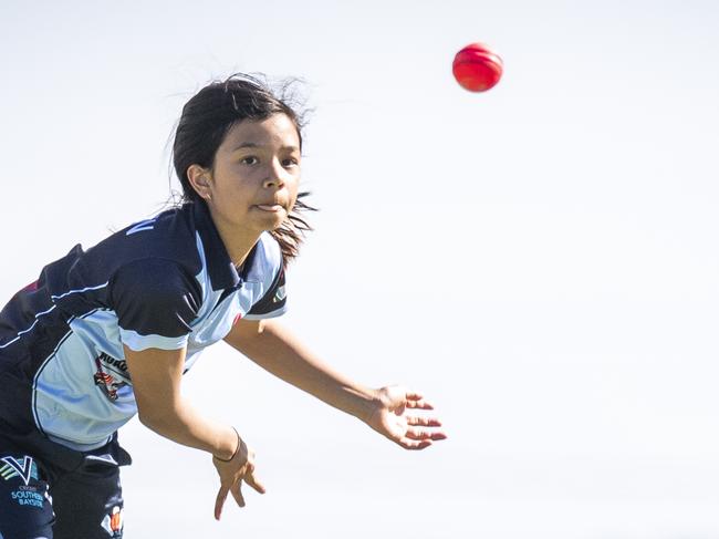 Girls' circket is booming in the southeast.Match between Mt Waverley and Parkdale. Parkdale's Jamie Van Rooyen, 11, bowls. Picture: Jake Nowakowski